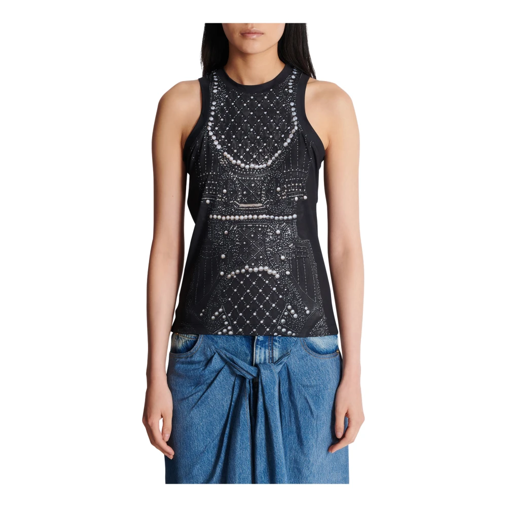 Balmain Zachte tanktop met nepborduurwerkprint Black Dames