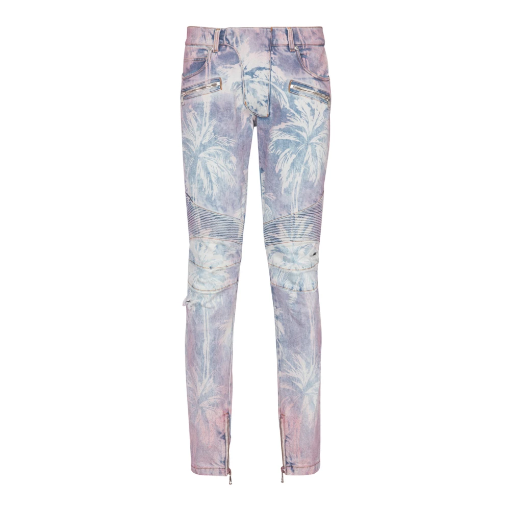 Balmain Denim biker jeans met een palmboomprint Blue Heren