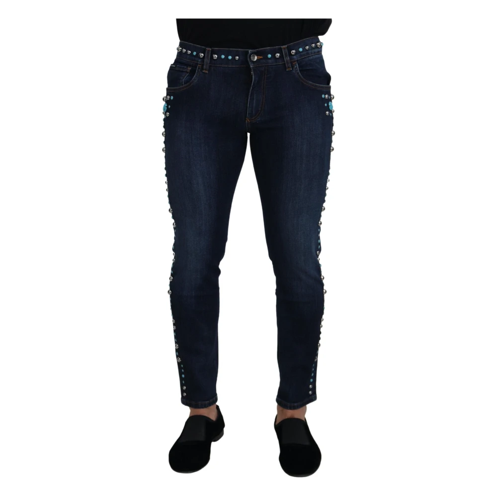 Dolce & Gabbana , Slim Fit Jeans, Male, Blue, M, Studded Opulence Denim Jeans