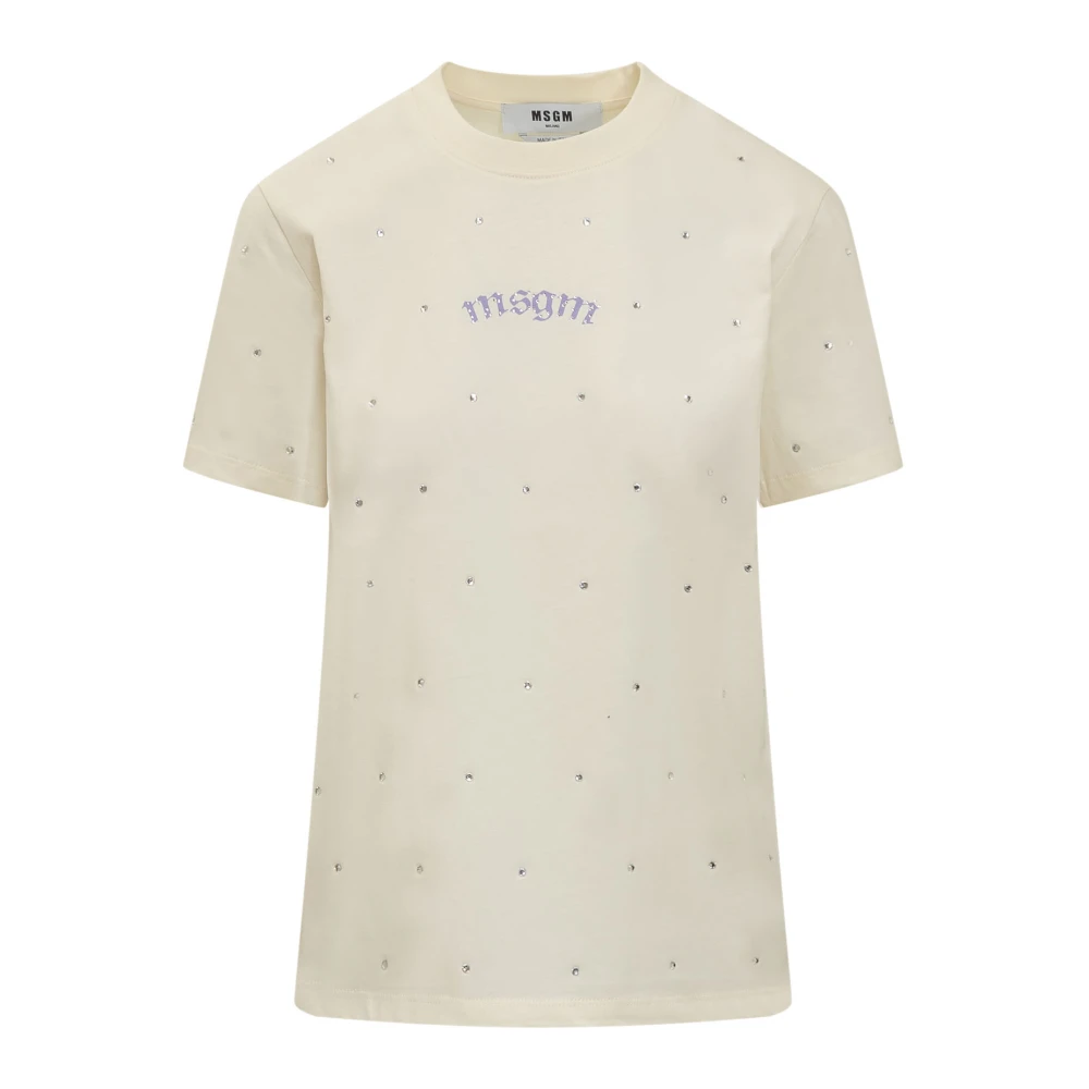 Msgm Rhinestone Logo Crew Neck T-shirt Beige Dames