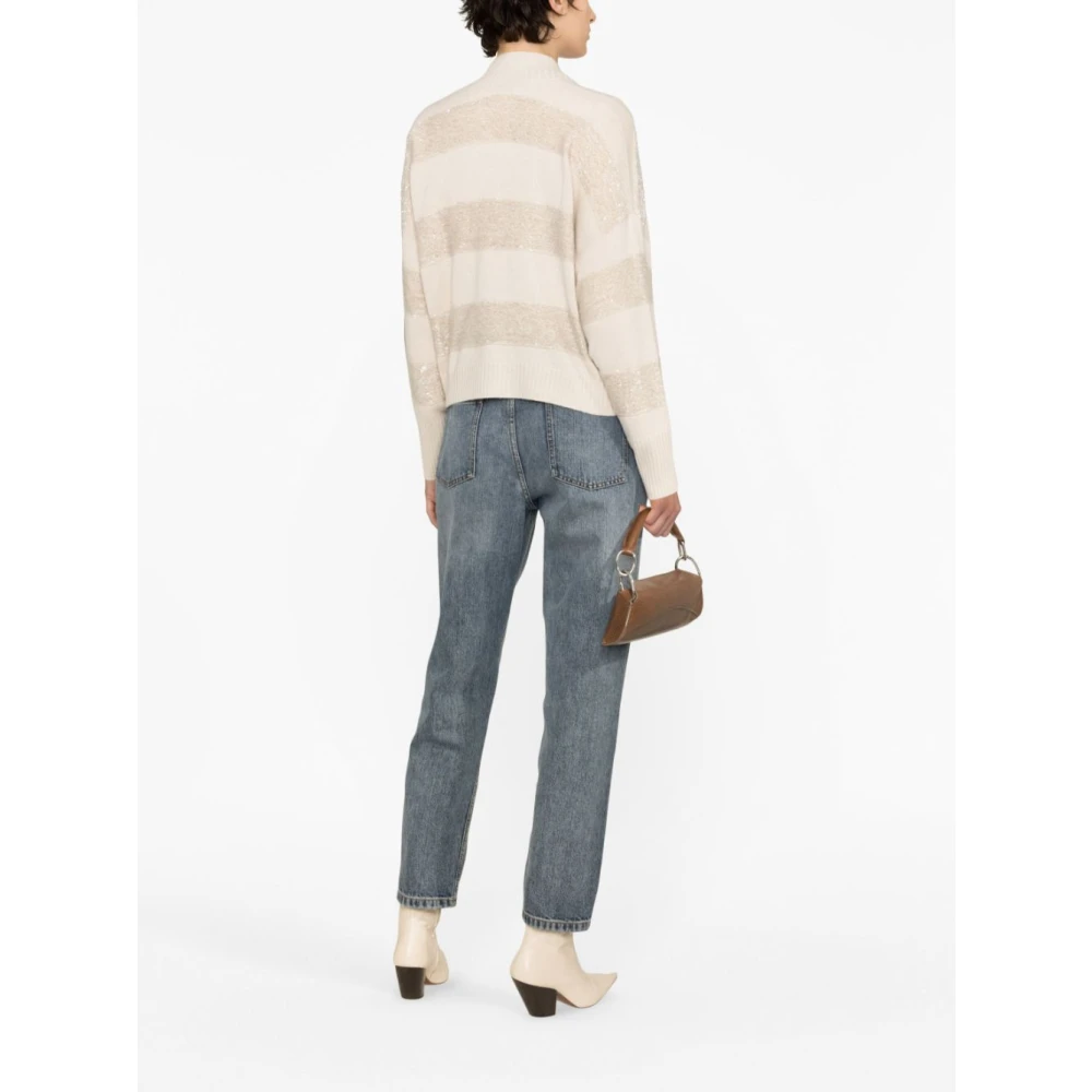 BRUNELLO CUCINELLI Gestreepte Pailletten-Verfraaide Cardigan Beige Dames