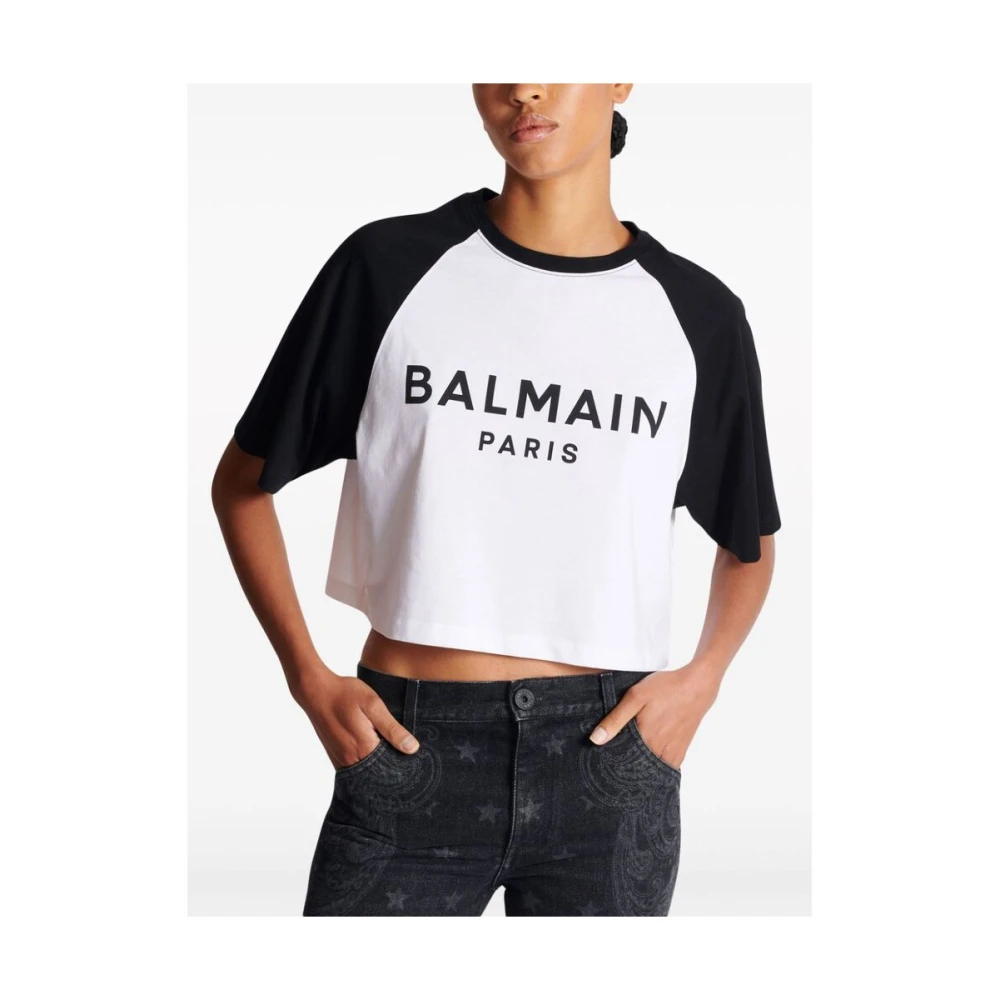 Balmain Katoenen T-shirt met Logo Print White Dames