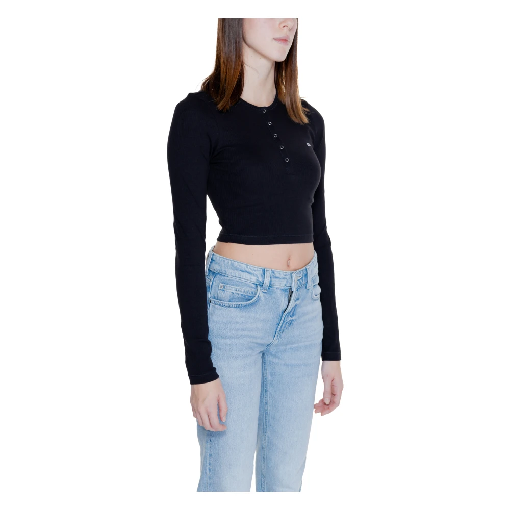 Tommy Jeans Henley T-Shirt Dames Katoen Elastaan Black Dames