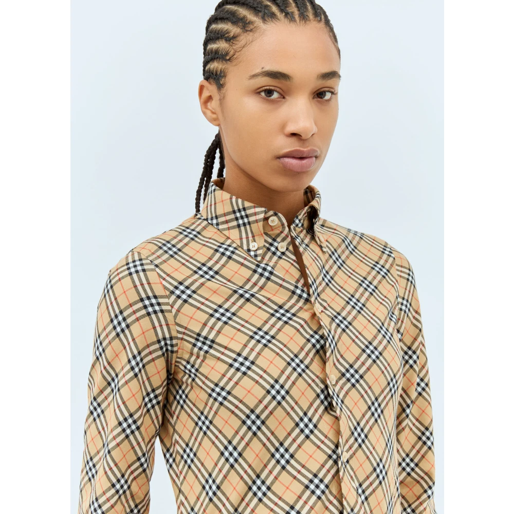 Burberry Klassieke Geruite Katoenen Overhemd Beige Dames
