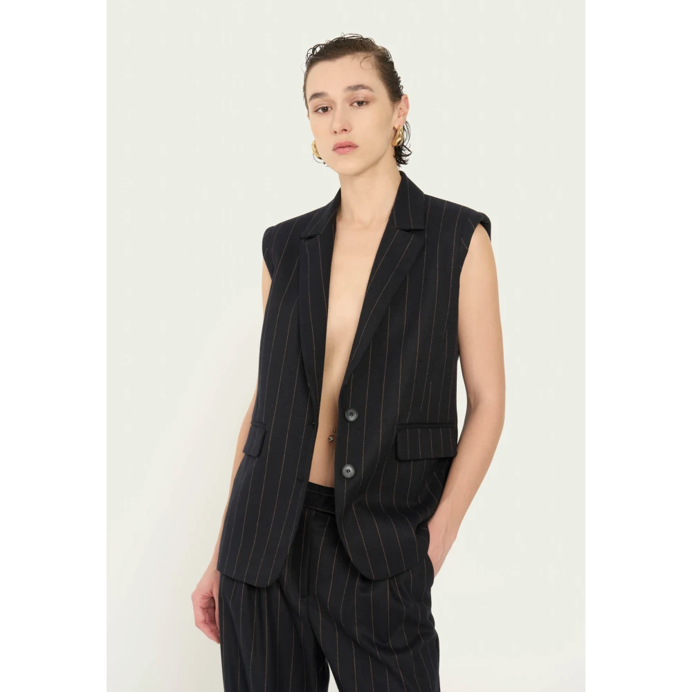 Vicario Cinque Maxi vest in gestreepte stretchflanel met revers en zakken Velia Blue Dames