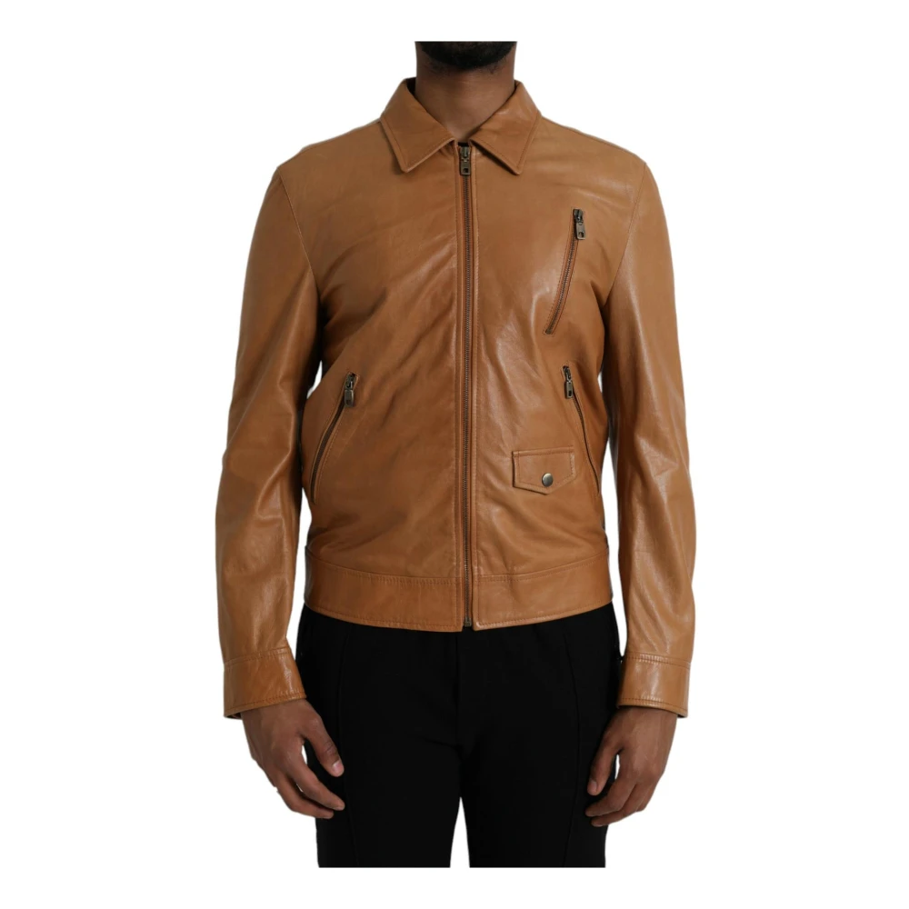 Dolce & Gabbana Bruin Leren Zip Blouson Jas Brown Heren