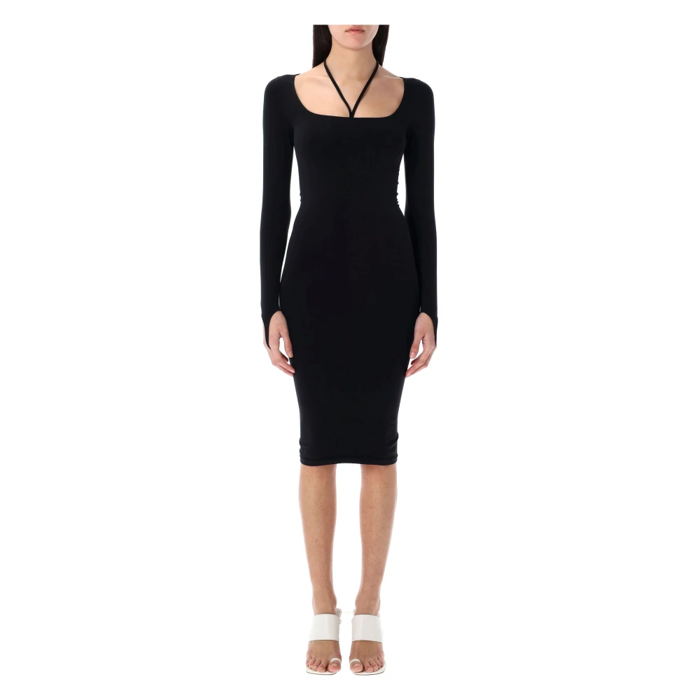 Andrea Adamo Zwarte Jersey Midi Jurk Vierkante Halslijn Black Dames
