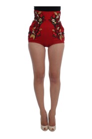 Red Silk Pearls Roses Shorts