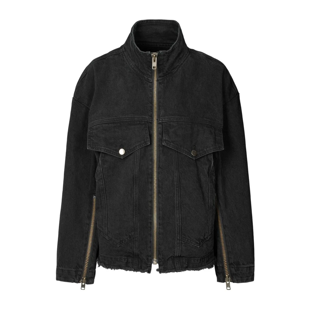 Rabens Saloner Zwarte Denim Jas met Ritsdetails Black Dames
