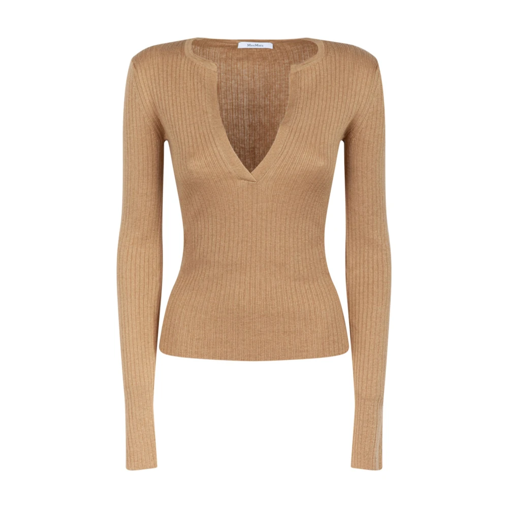 Max Mara Women's Brown V-Neck Knitwear,, Camel Jumper Lightweight Cashmere Silk Large