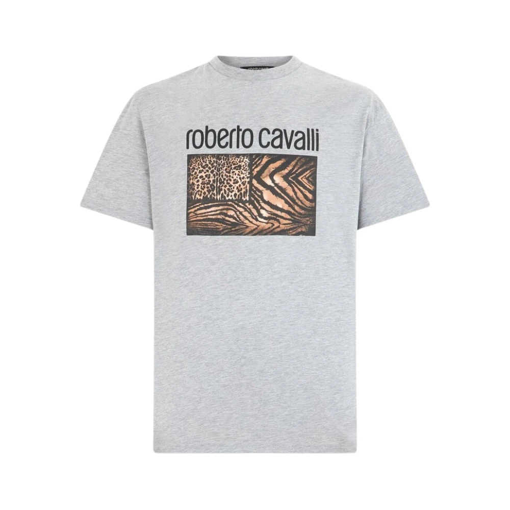 Roberto Cavalli Dierenprint T-shirt met logo Gray Heren