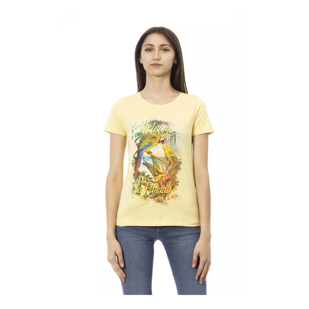 Trussardi Women's Yellow T-Shirts, 2XL, Cotton Short Sleeve T-Shirt With Front Print