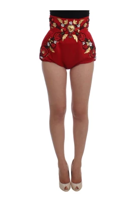 Röda Kristalldekorerade High Waist Shorts