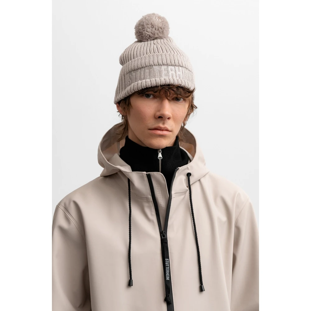 Stutterheim Pompon Ribgebreide Beanie Muts Beige Heren