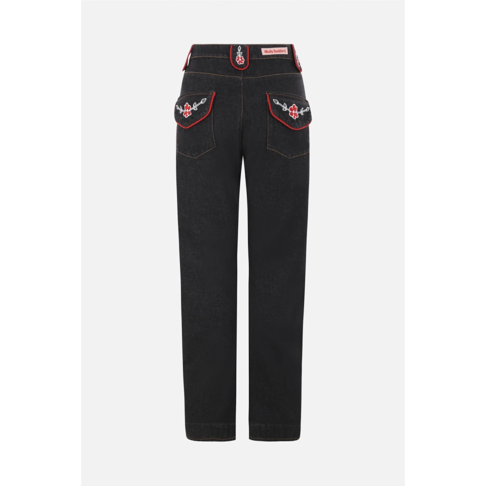 Molly Goddard Zwarte Rechte Pijp Bloemen Geborduurde Jeans Black Dames