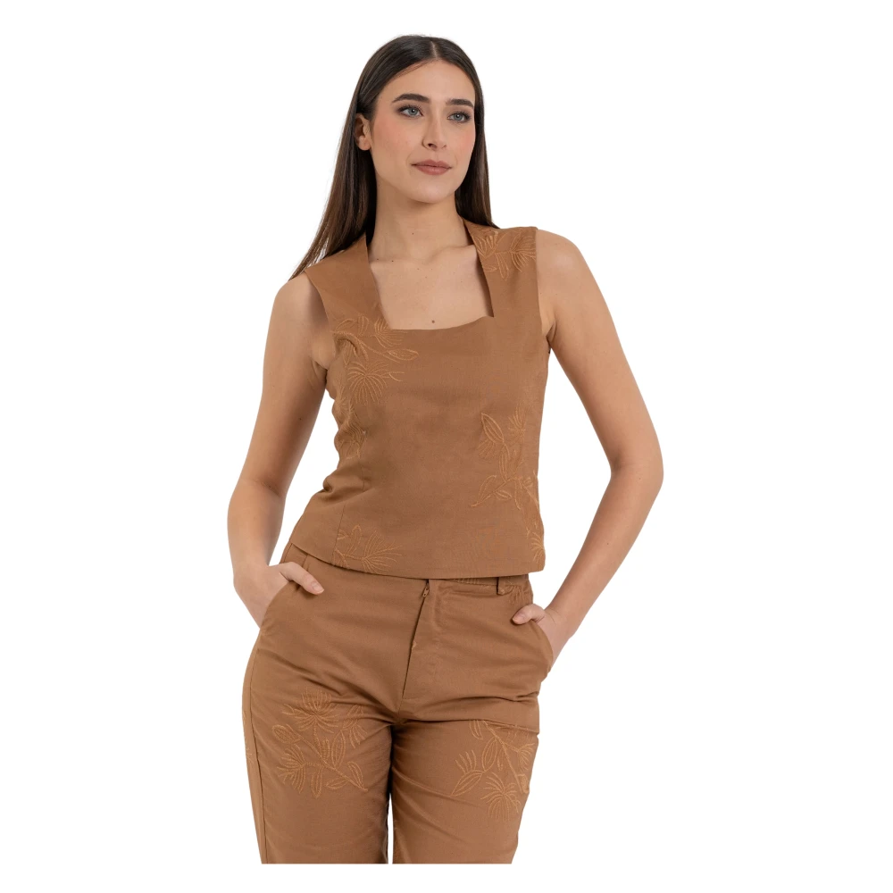 Kocca Brown Sleeveless Tops, Female, Xl, Cotton And Linen Top With Floral Embroidery