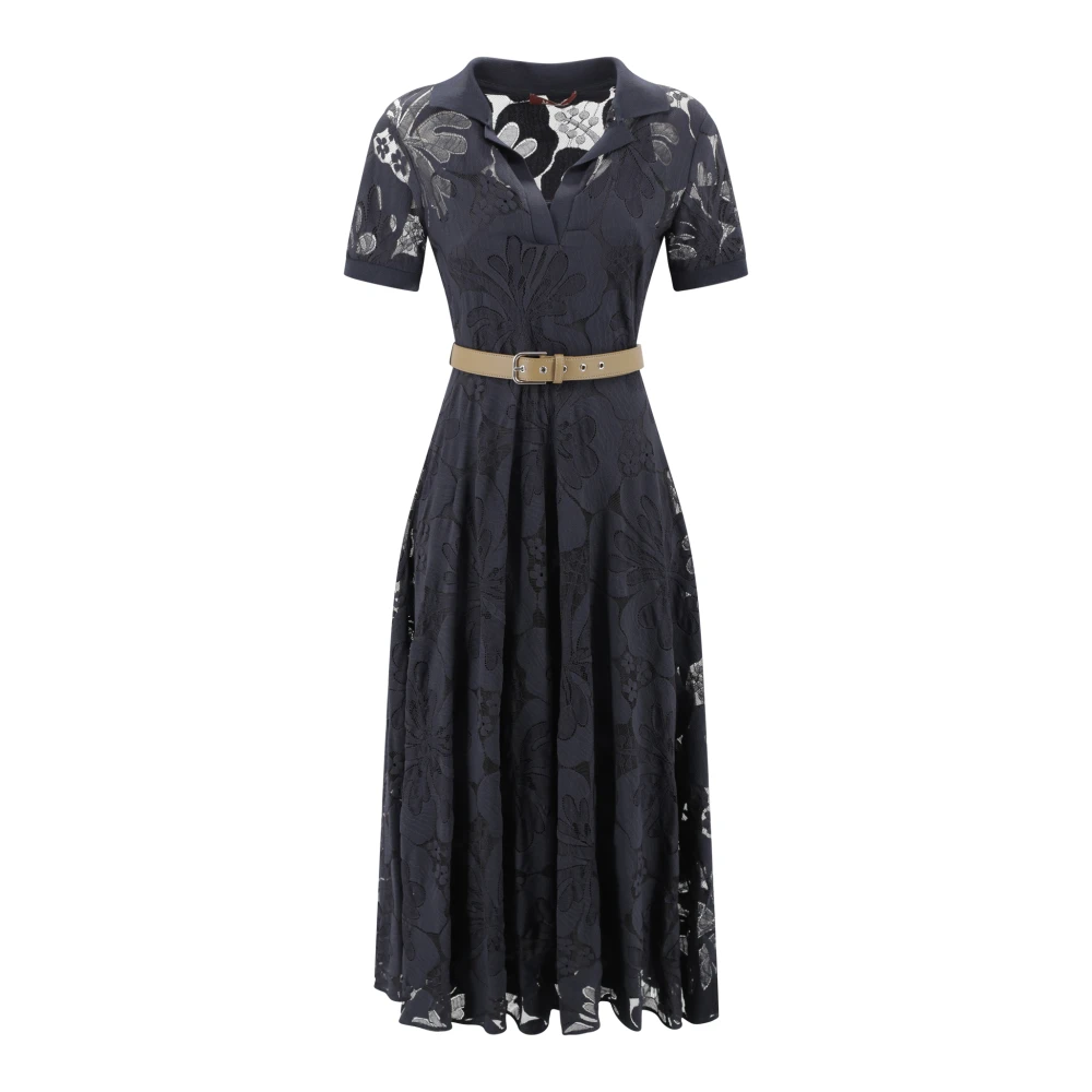 Max Mara Studio Blauwe Kant Midi Jurk met Polokraag Blue Dames