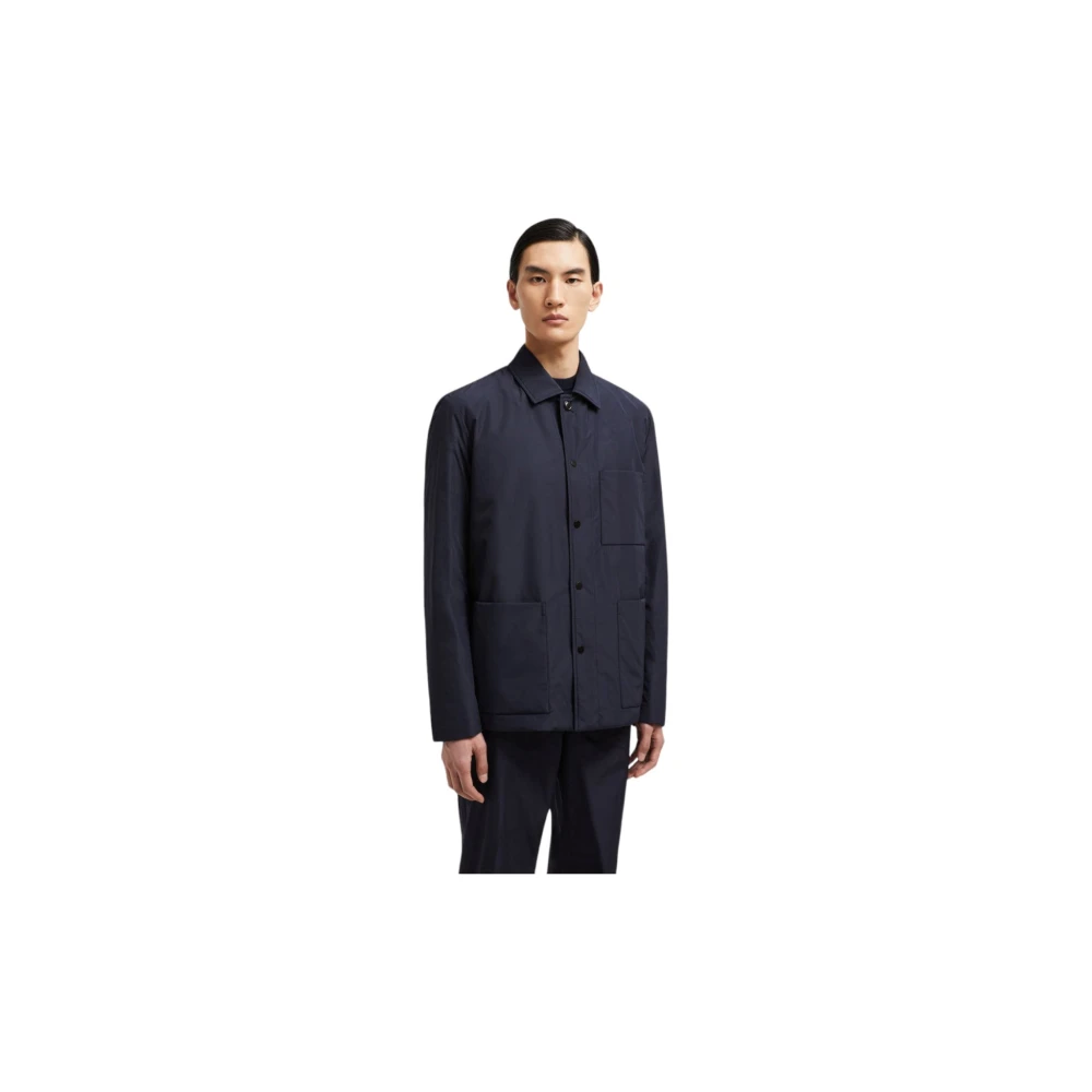 Moncler Navy Dons Shacket met Leren Patch Blue Heren
