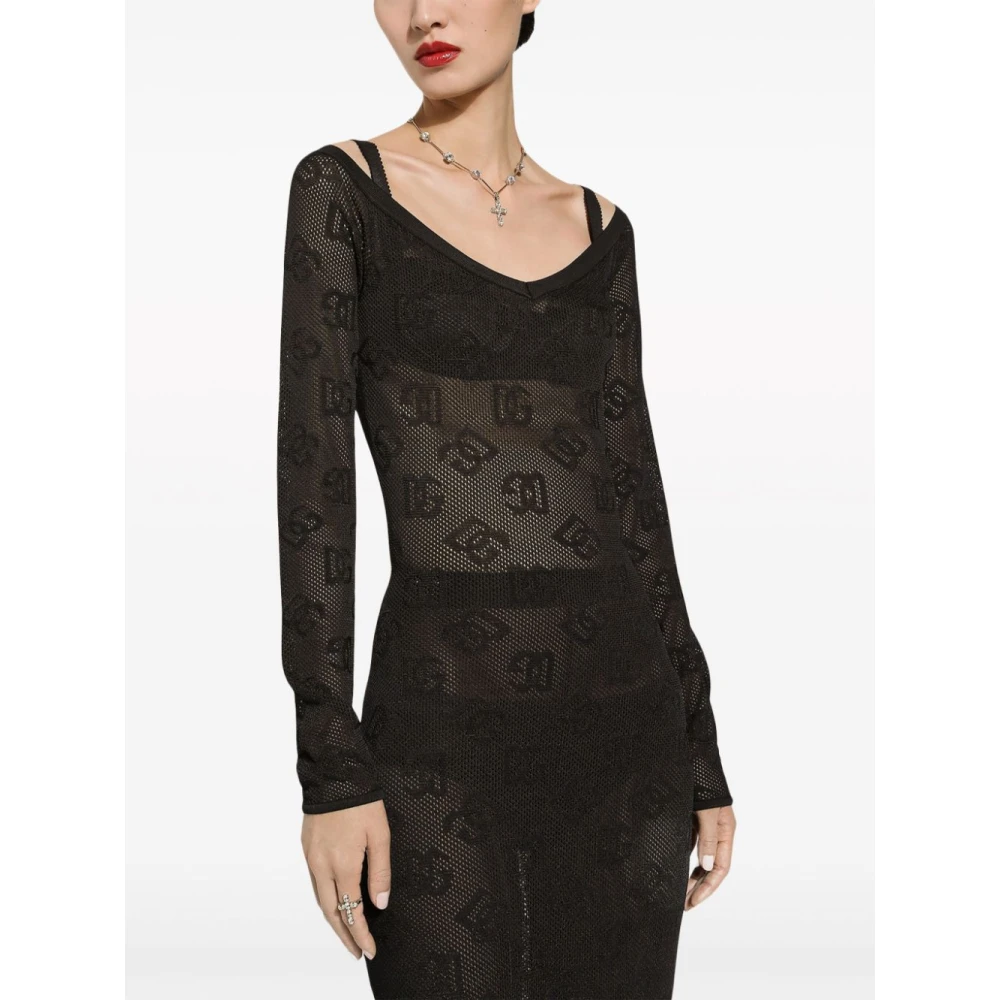 Dolce & Gabbana Zwart Mesh Logo Jurk Black Dames
