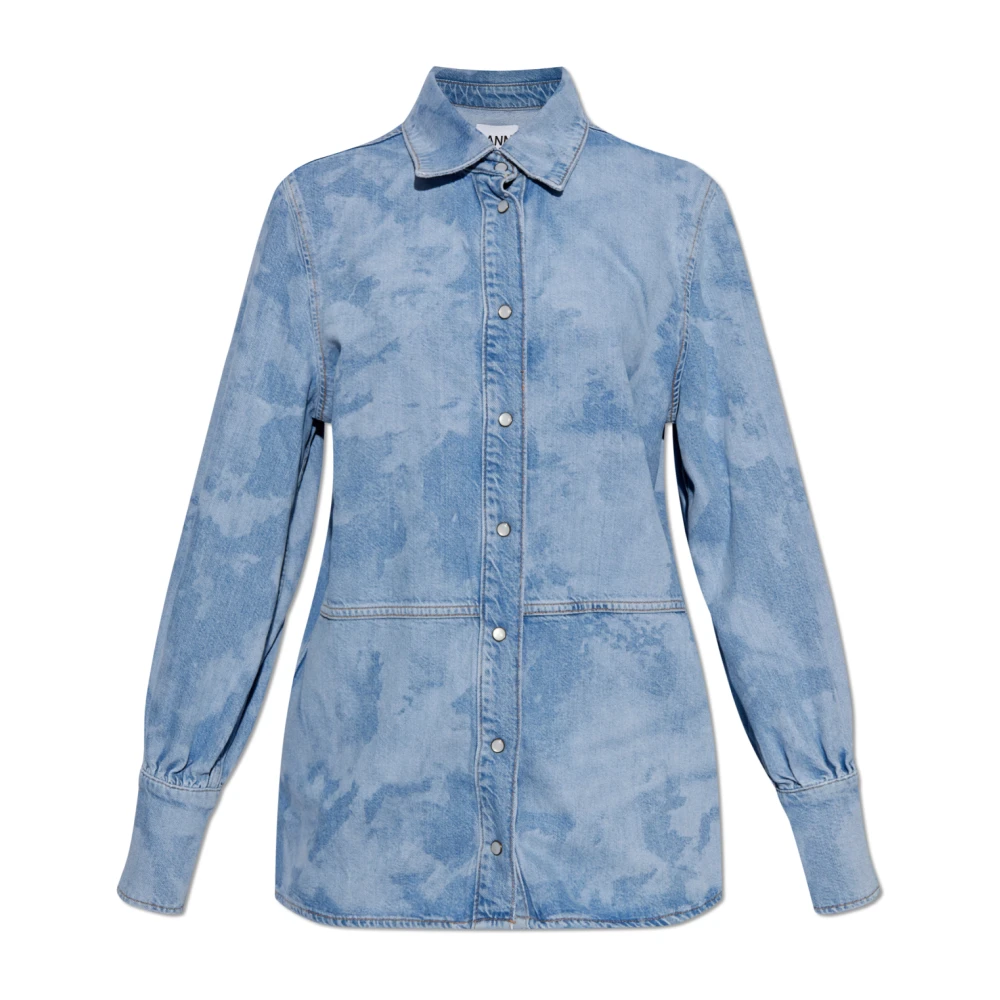 Ganni Kristal Logo Bleach Denim Shirt Blue Dames