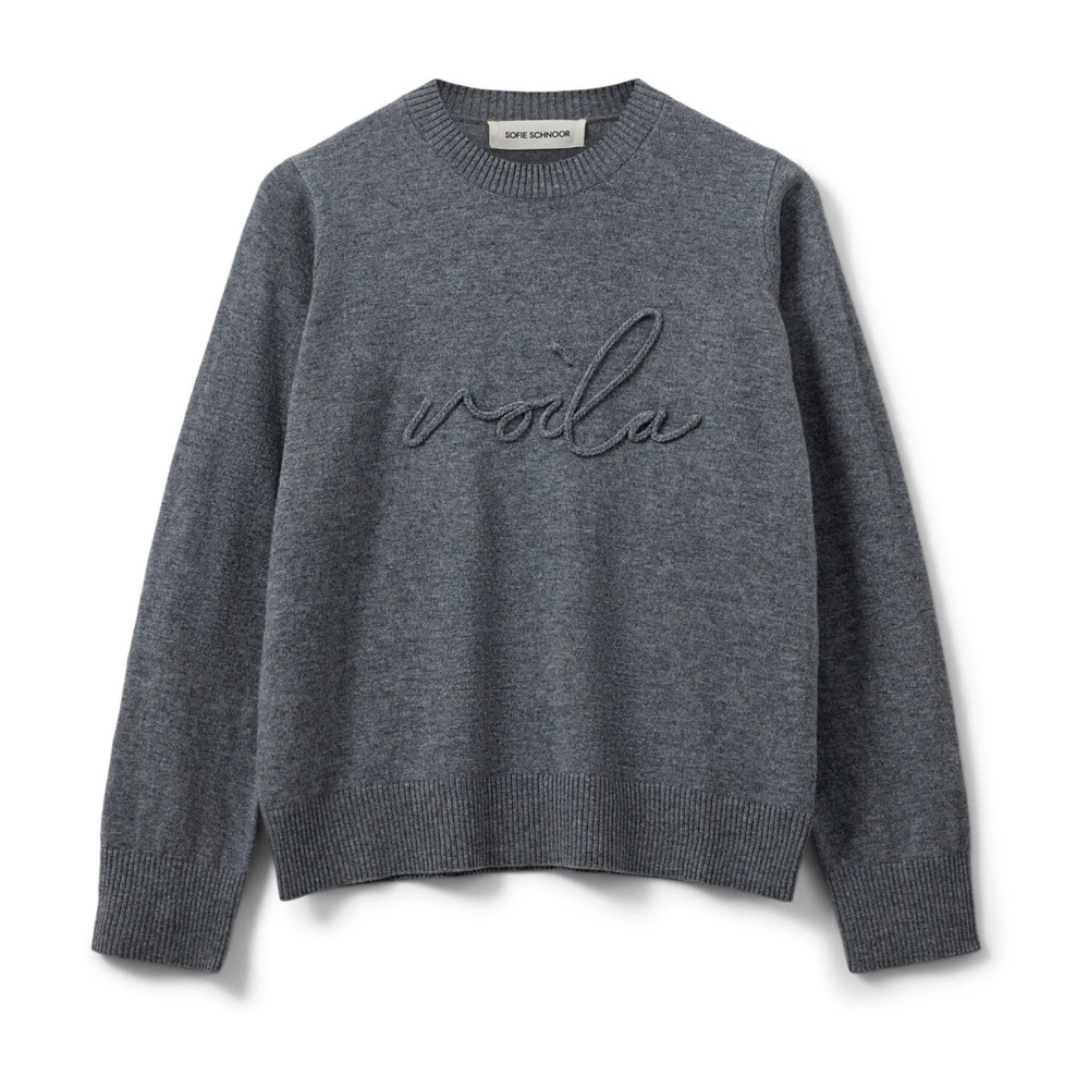 Sofie Schnoor Gray Round-Neck Knitwear, Female, Xl, Grey Melange Embroidered Jumper