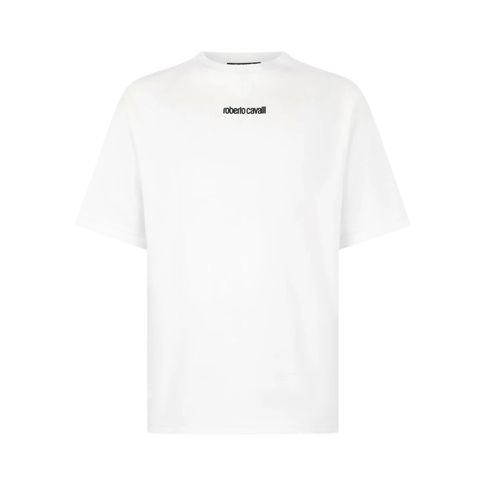 Roberto Cavalli Men's White T-Shirts, Xl, Embroidered Logo Cotton Crew-Neck T-Shirt