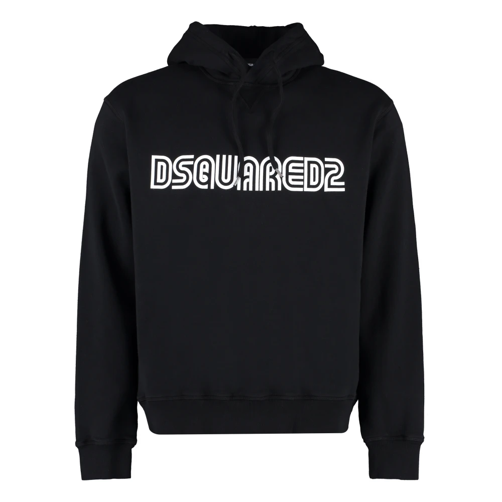 Dsquared2 Men's Black Hoodies,, Logo Print Hoodie With Ribbed Cuffs Large