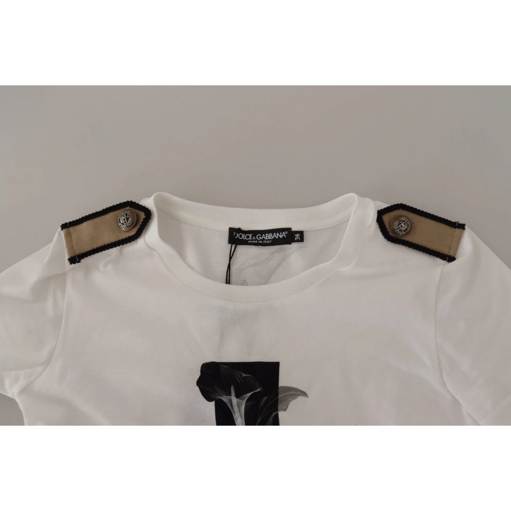 Dolce & Gabbana Elegant bloemenkatoenen T-shirt met ronde hals White Dames