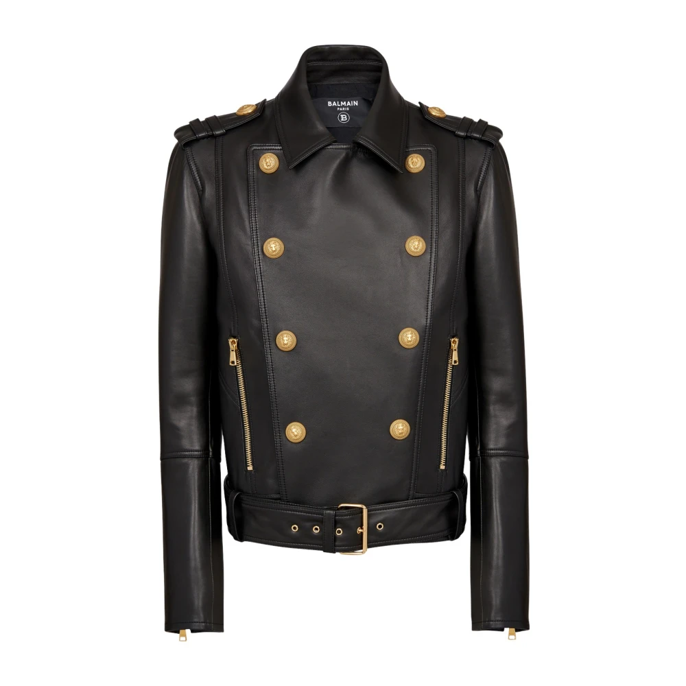 Double-breasted buttoned leather biker jacket
