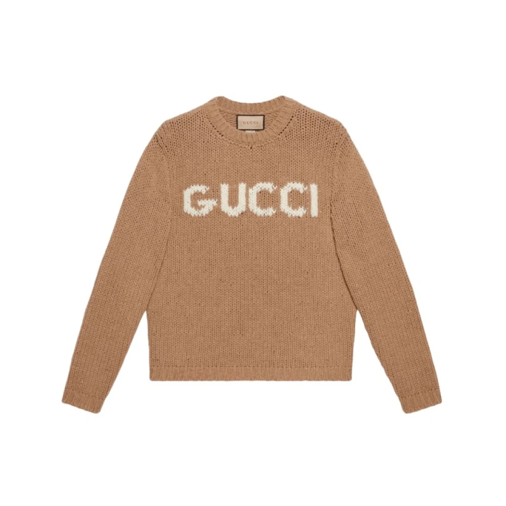 Gucci Intarsia-gebreide logo wollen trui Brown Heren