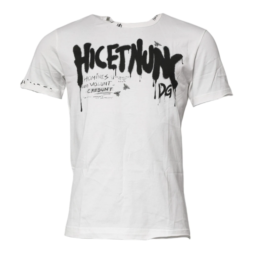 Dolce & Gabbana Men's White T-Shirts, S, Graphic Print Cotton Crew Neck T-Shirt