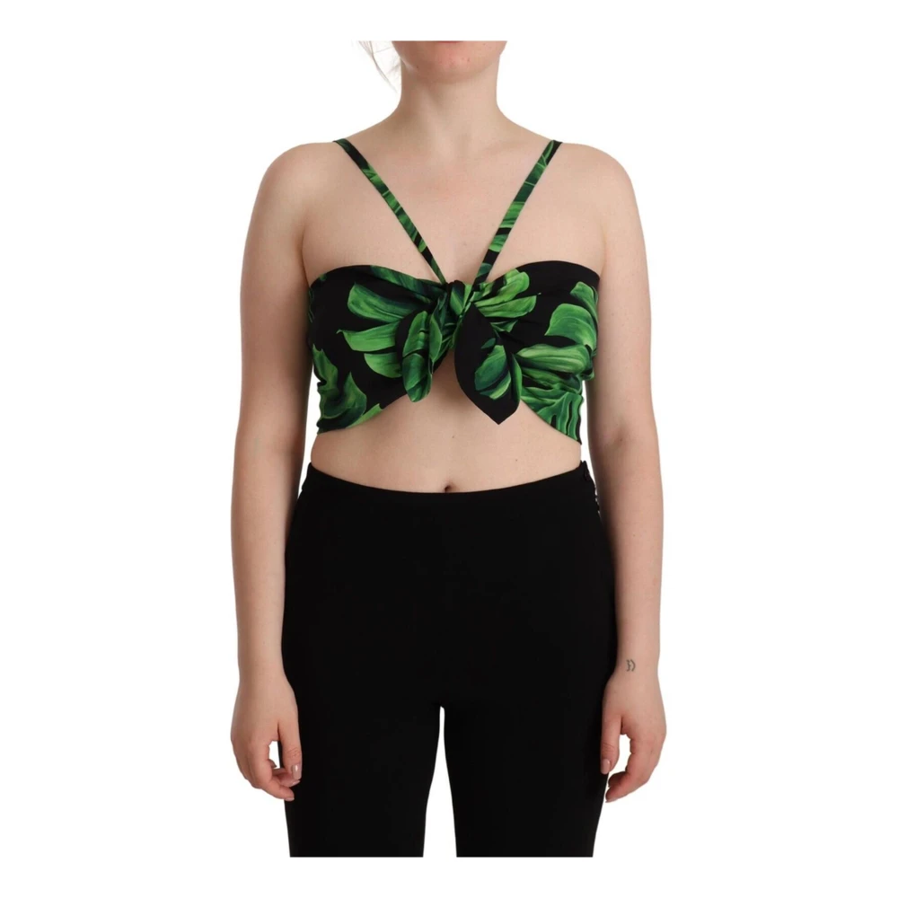 Dolce & Gabbana Women's Multicolor Sleeveless Tops, 2XL, Halter Cropped Top With Leaf Print