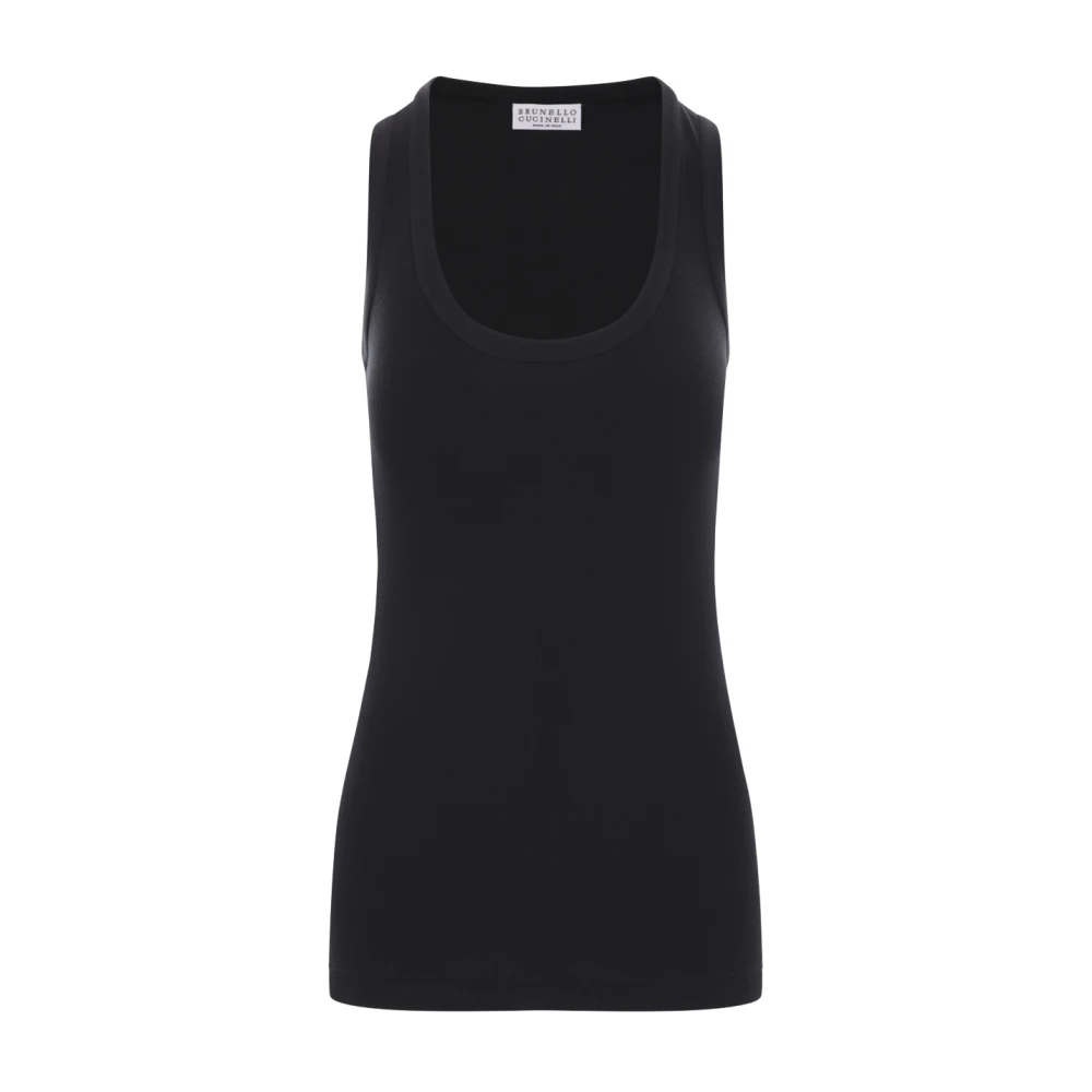 BRUNELLO CUCINELLI Zwarte Geribbelde Mouwloze Katoenen Top Black Dames