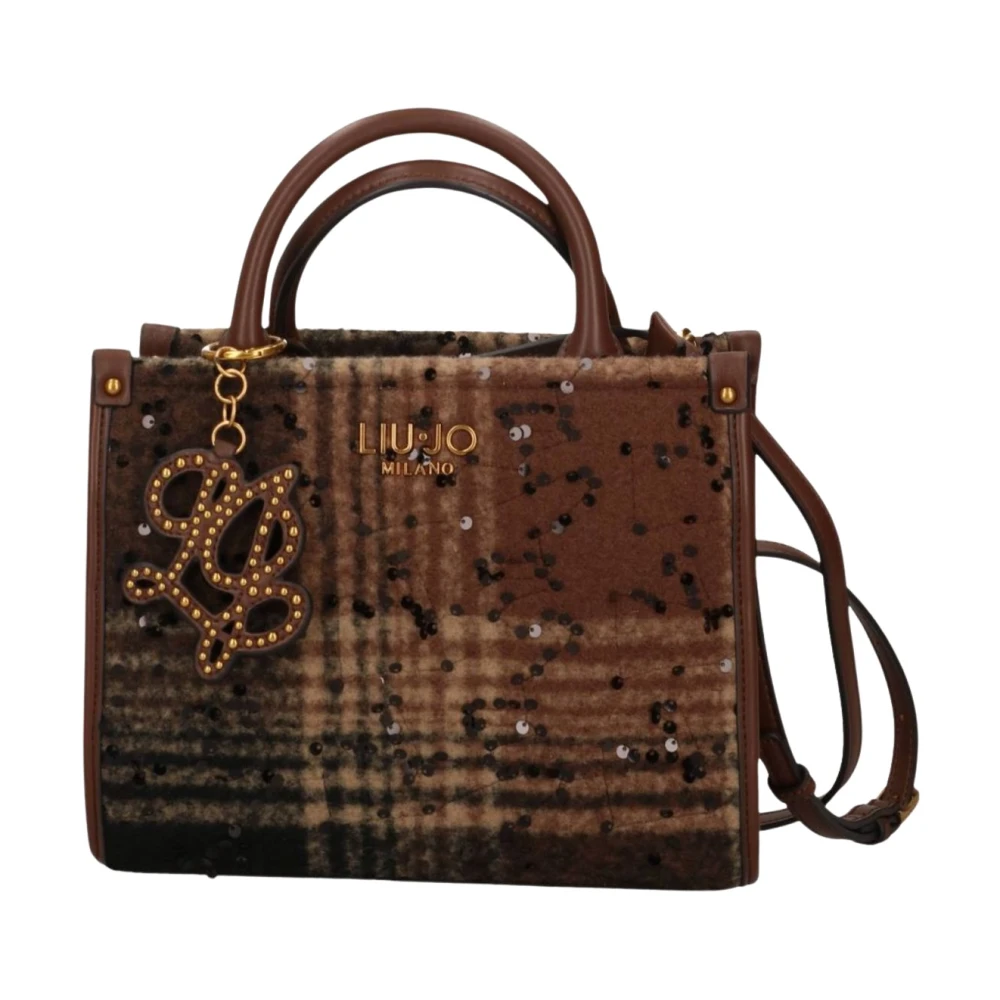 Liu Jo Donna Borsa A Mano Tote In Tweed Tartan Con Paillettes E Charm Logo Testa Di Moro - Immagine 3