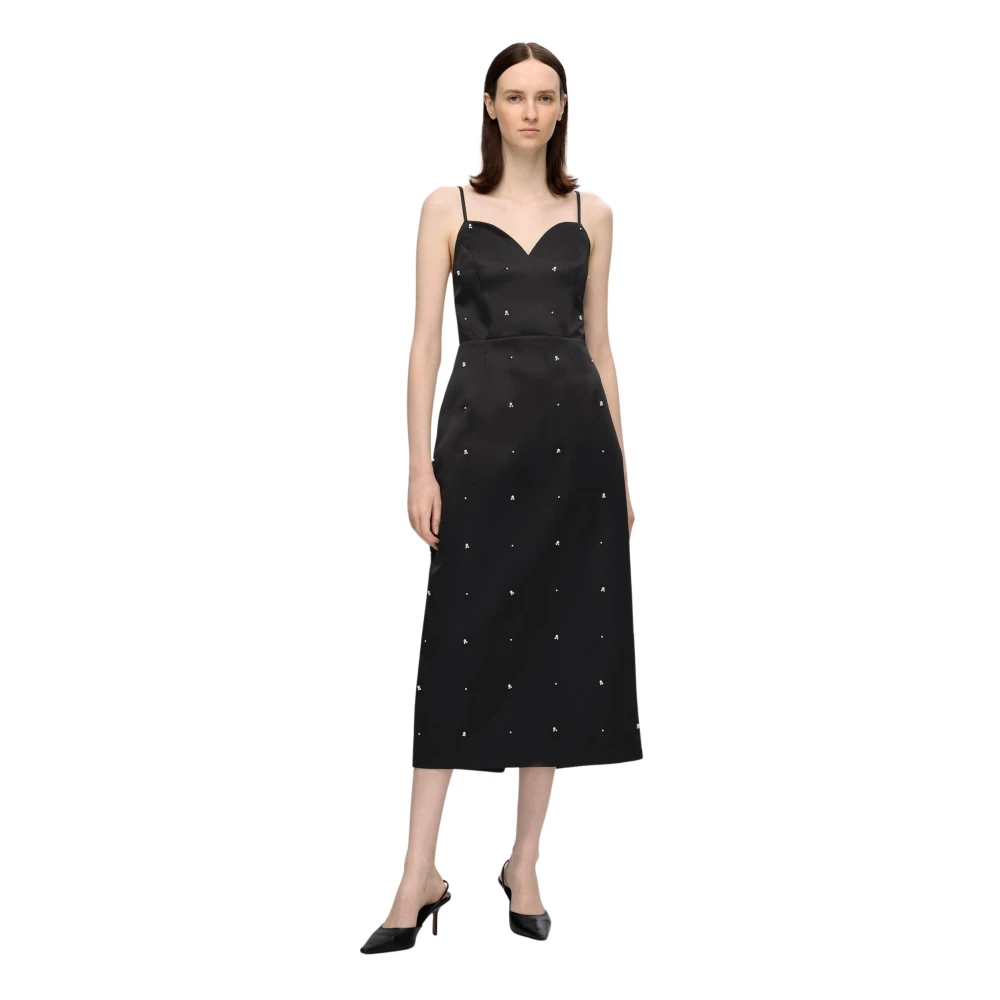 Selected Femme Satin Midi Jurk met Dunne Bandjes Black Dames