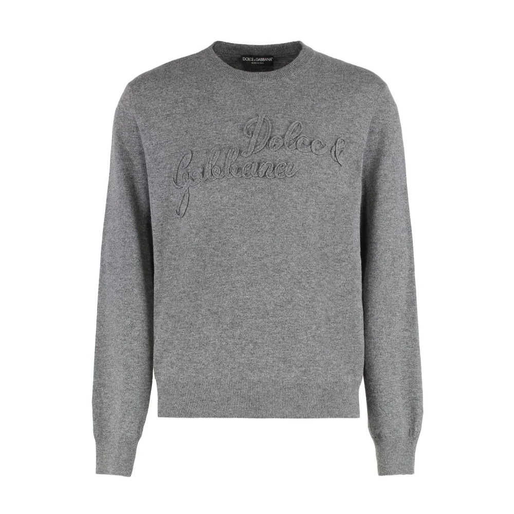 Dolce & Gabbana Uomo Grigio Maglione Girocollo Con Logo Ricamato