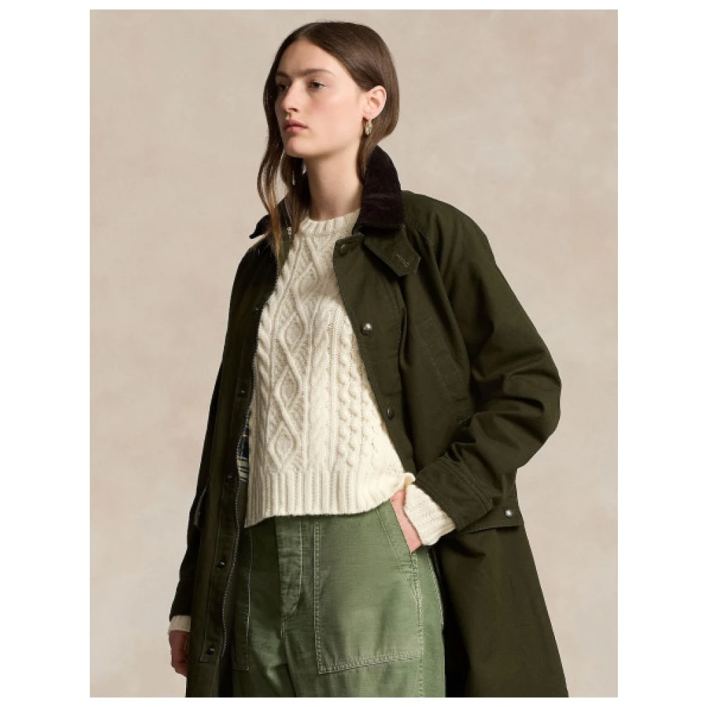 Polo Ralph Lauren Lange Katoenen Jas met Fluweel Details Green Dames