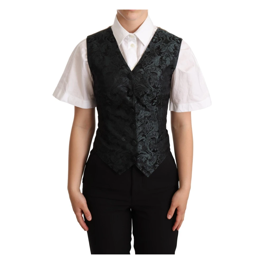 Dolce & Gabbana Women's Green/Black And Jacquard Floral Waistcoat Vest