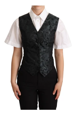 Grön och Svart Jacquard Blommig Väst