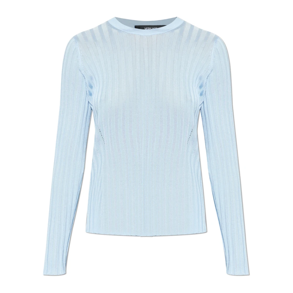 Versace Donna Blu Top Girocollo In Maglia A Costine Misto Viscosa