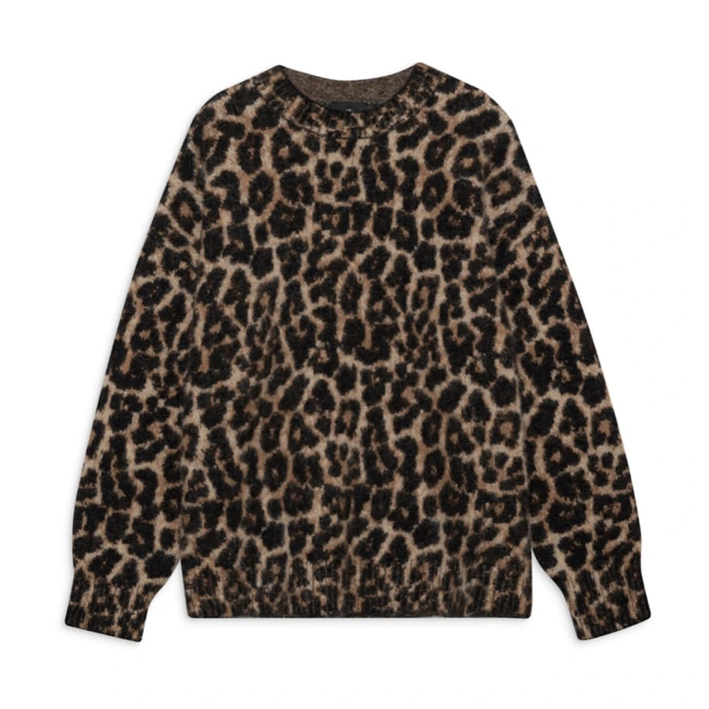 Anine Bing Women's Brown Round-Neck Knitwear, S, Leopard Print Crew Neck Jumper