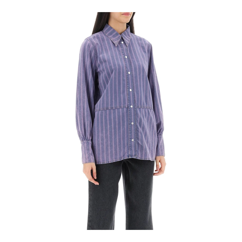Ganni Gestreepte Denim Overhemd met Italiaanse Kraag Purple Dames
