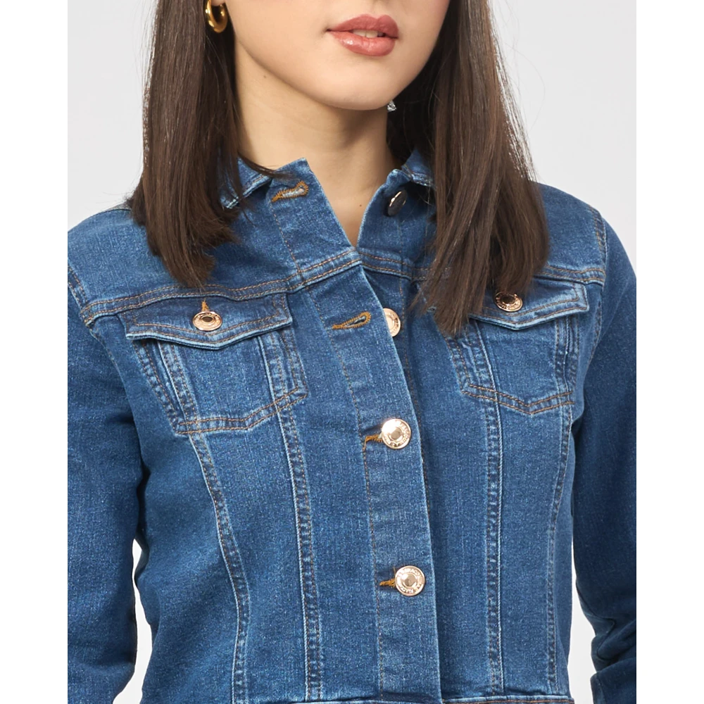 Fracomina Blauwe Denim Korte Jas met Gouden Details Blue Dames