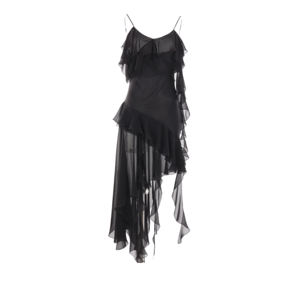 Blumarine Zwarte Georgette Midi Jurk met Ruches Black Dames