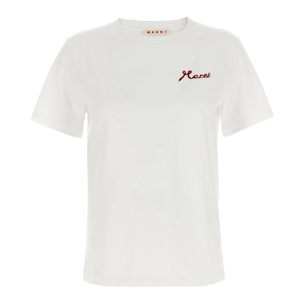 Marni Vit Bomulls-T-Shirt Med Flockad Logotyp