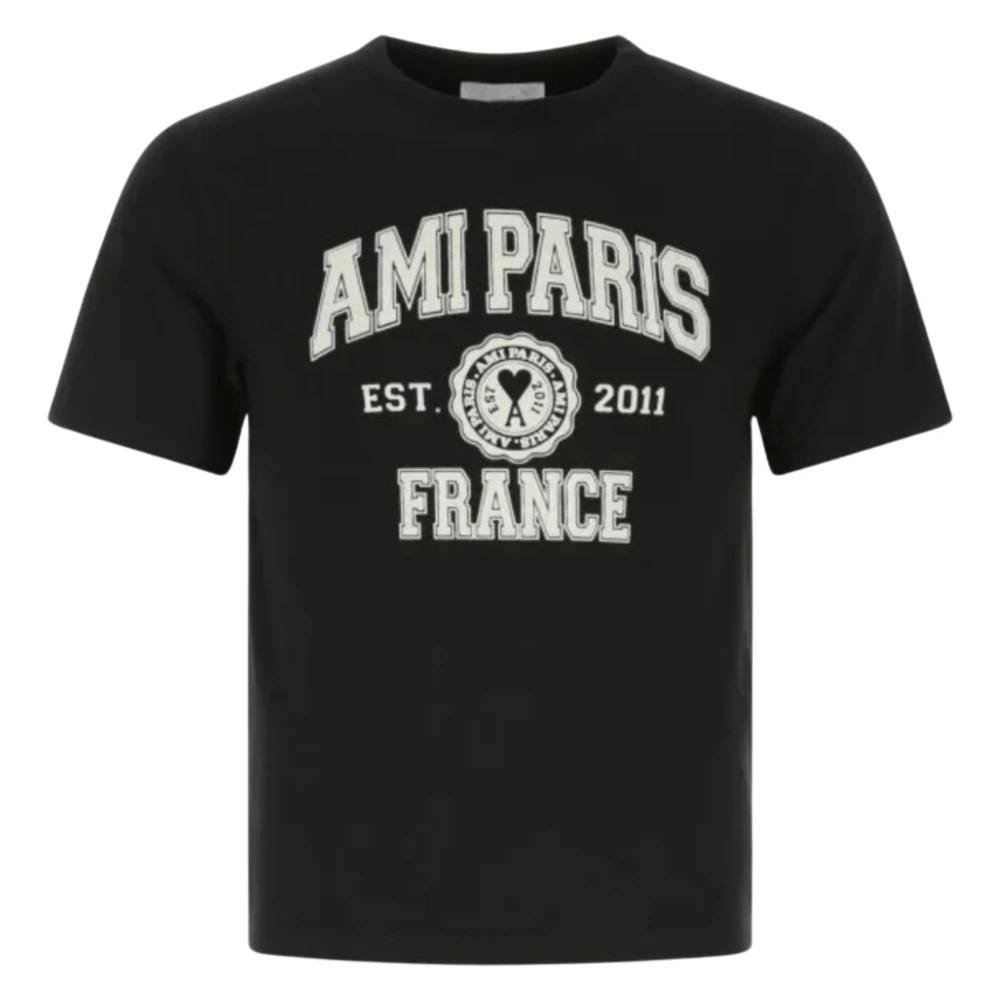 Ami Paris Bedrukt Logo Zwarte Biologische Katoenen T-shirt Black Heren
