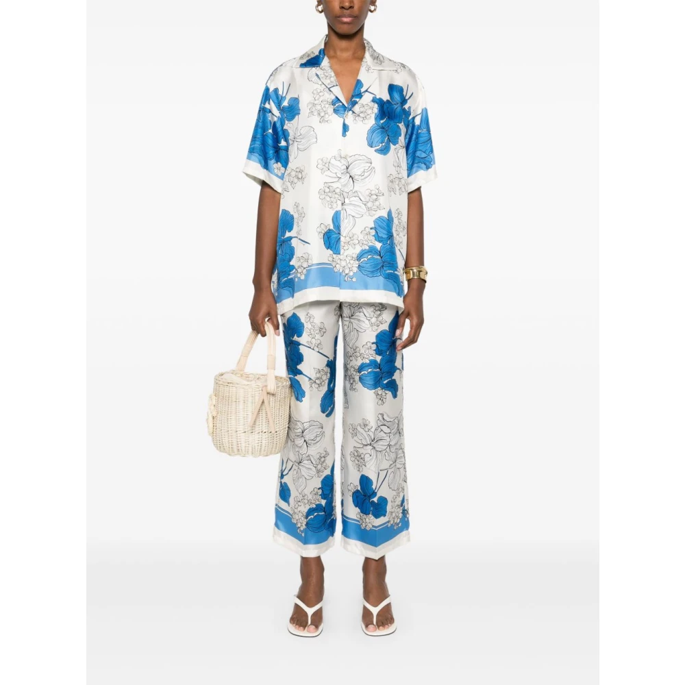 P.a.r.o.s.h. Blauwe broek met bloemenprint en elastische tailleband Blue Dames