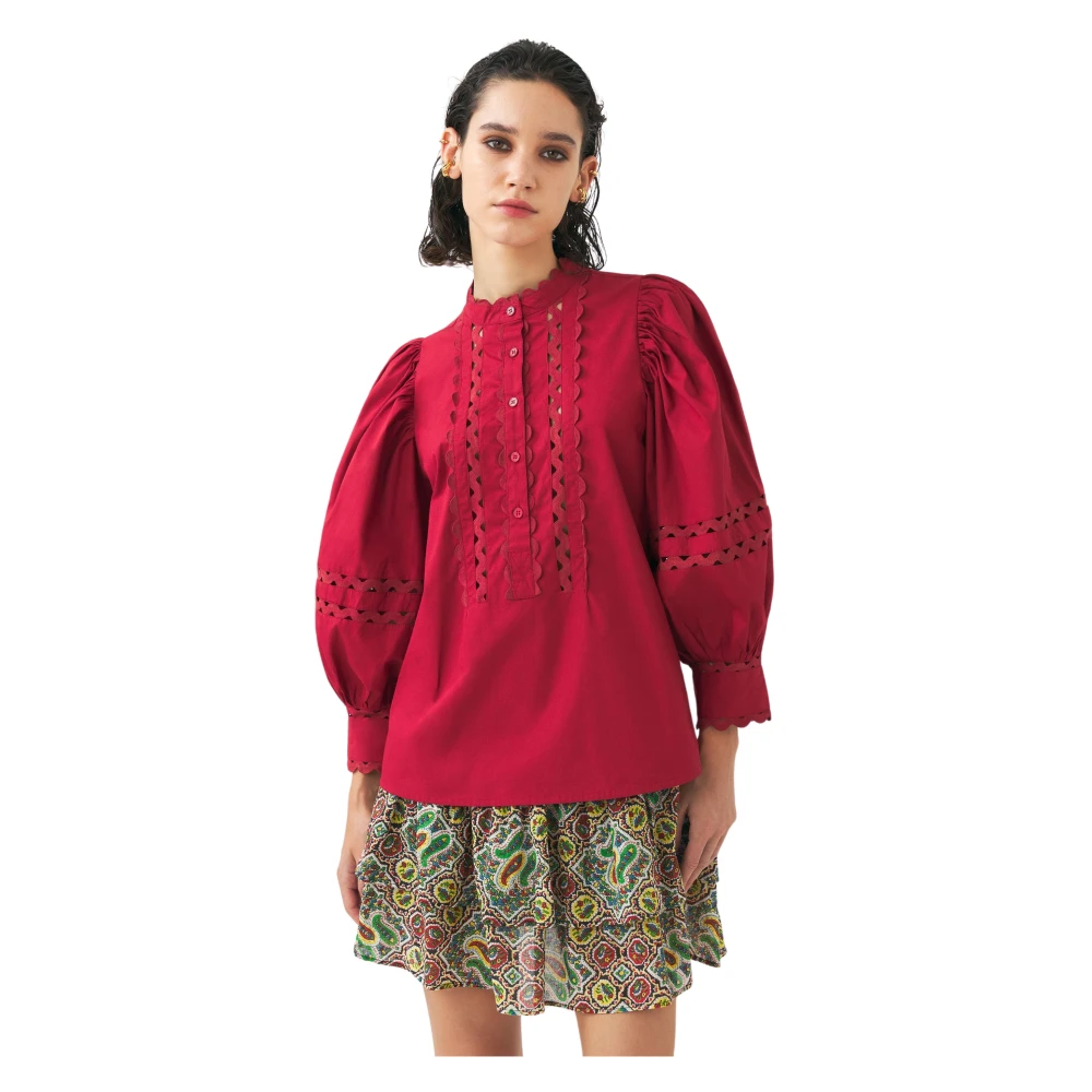 Antik batik Katoenen popeline openwerken blouse Red Dames
