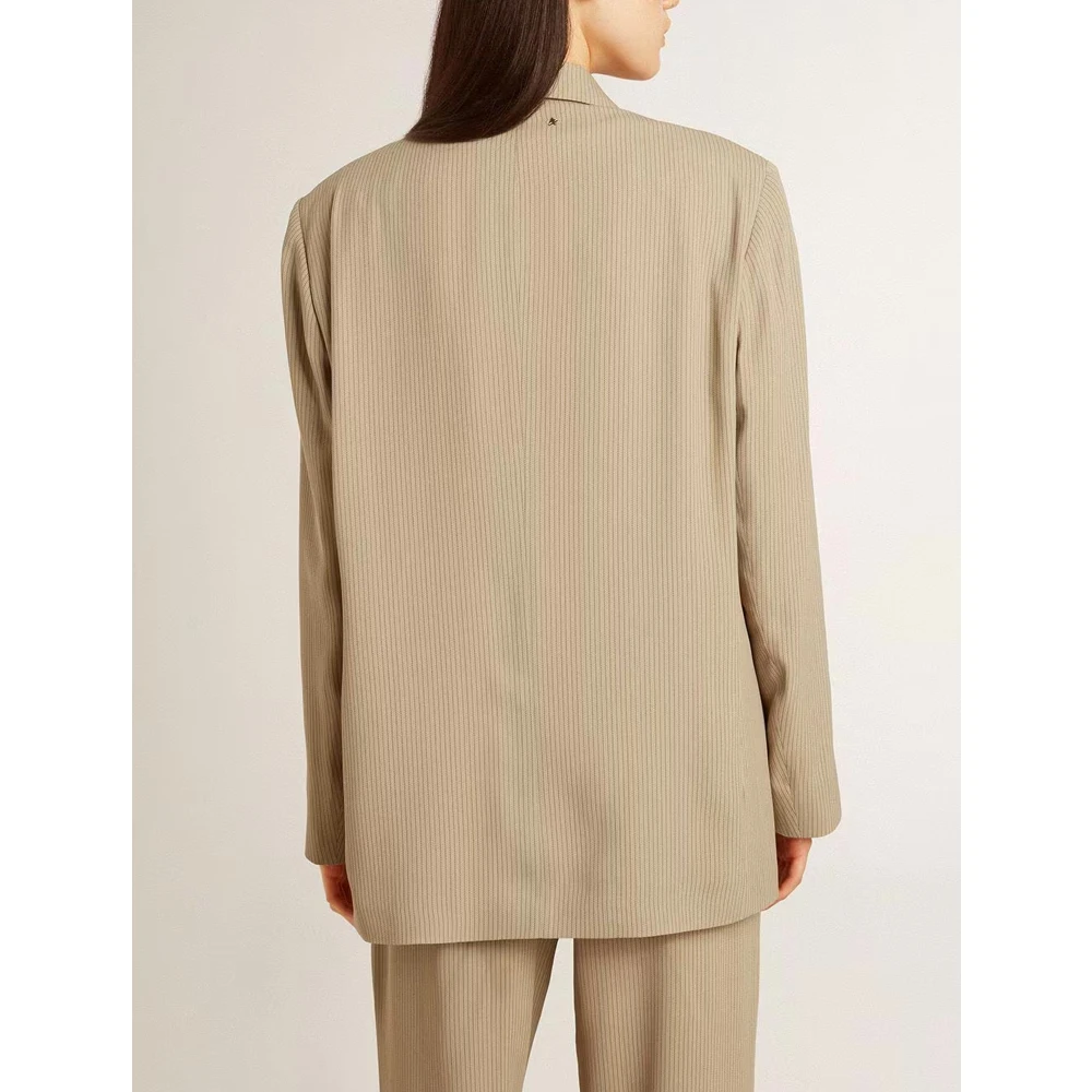 Golden Goose Gestreepte Jas met Hoornknopen Beige Dames