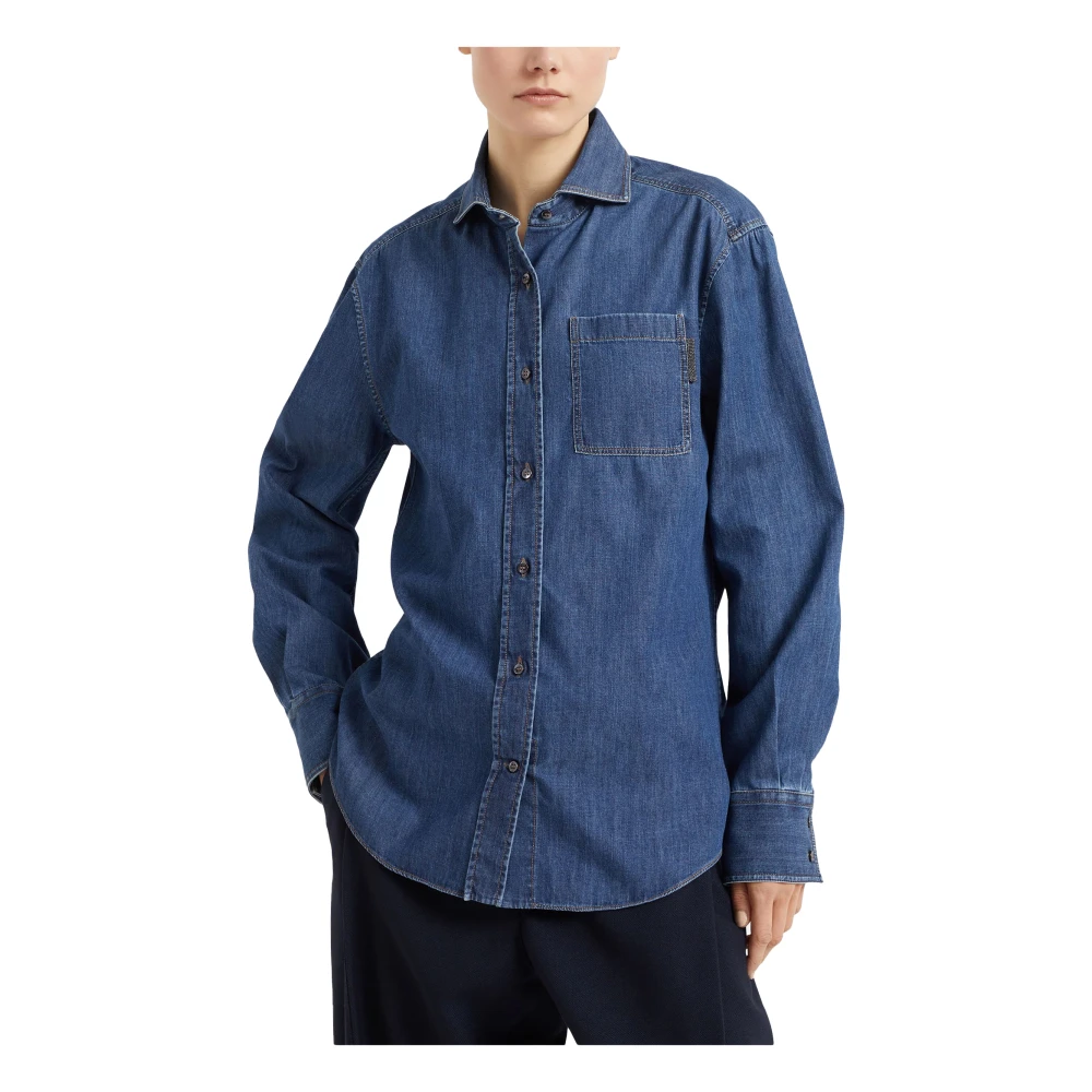 BRUNELLO CUCINELLI Blauwe Denim Klassieke Kraag Shirt Blue Dames